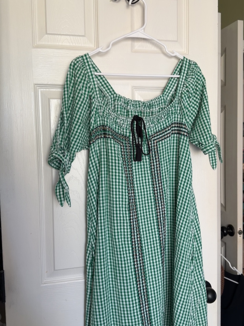 Free People Green Gingham Midi Dress with Black Trim